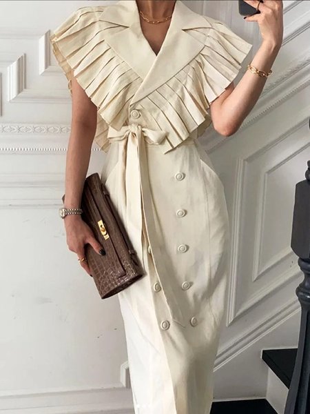 

Plain Urban Lapel Collar Pocket Stitching Dress With Belt, Off white, Midi Dresses
