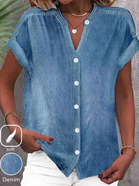 

Denim Washing Process Stand Collar Casual Denim Blouse, Blue, Denim Blouses