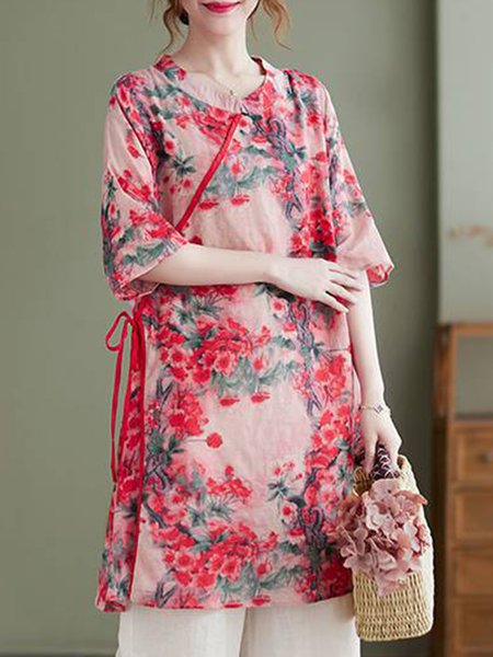 

Crew Neck Half Sleeve Floral Regular Loose Shirt For Women, Red, Blouses