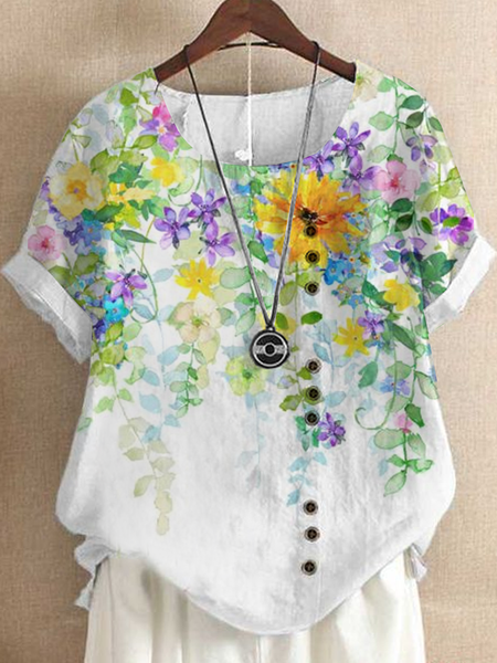 

Crew Neck Floral Loose Simple Linen Style Shirt, Green, Blouses & Shirts