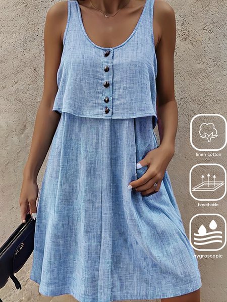 

Cotton And Linen Casual Loose Plain Dress, Blue, Mini Dresses