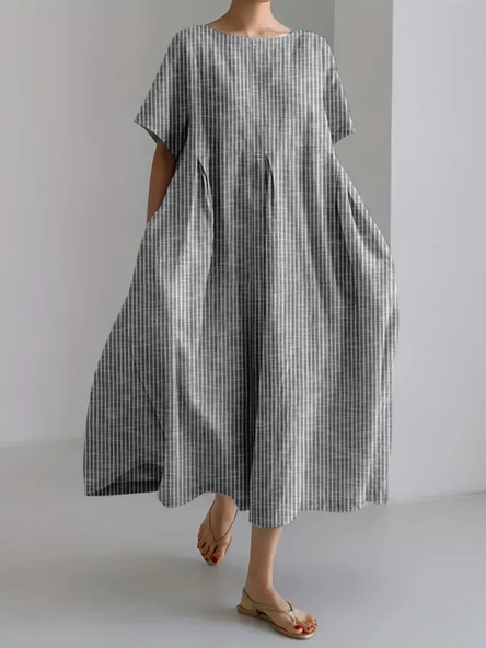 

Simple Cotton Striped Crew Neck Linen Style Dress, Gray, Maxi Dresses