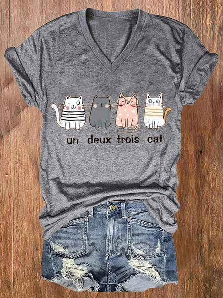 

Women's Un Deux Trois Cat Printed Short Sleeve T-Shirt, Deep gray, T-shirts