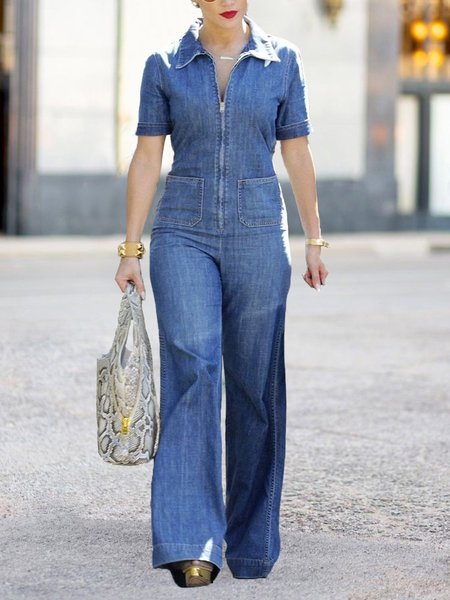 

Plain Casual Short Sleeve Denim Jumpsuit, Denim blue, Jumpsuits