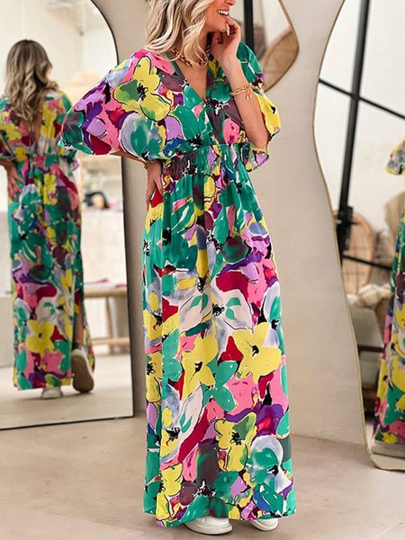 V Neck Loose Floral Urban Dress, Flower, Maxi Dresses