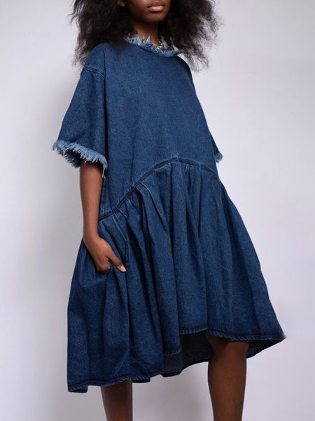 

Casual Plain Loose Half Sleeve Denim Dress, Blue, Mini Dresses