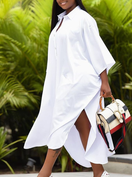 

Loose Shirt Collar Short Sleeve Casual Maxi Dress Shirt Dress, White, Maxi Dresses