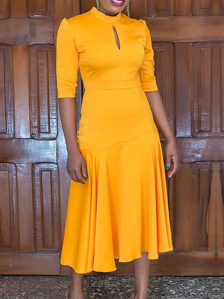 

Medium Elasticity Regular Fit Plain Elegant Stand Collar Short Sleeve Maxi Dress, Yellow, Maxi Dresses