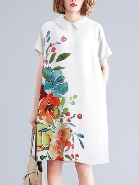 

Floral Casual Shawl Collar Dress, White, Dresses
