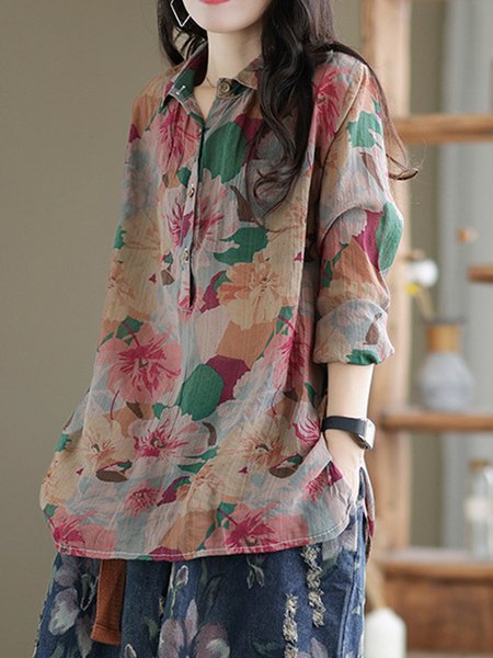 

Shirt Collar Long Sleeve Floral Regular Loose Shirt For Women, Khaki, Blouses