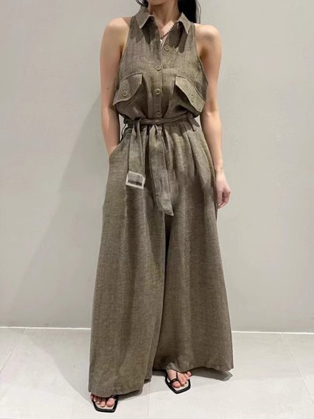 

Pocket Stitching Urban Linen Others Jumpsuit, Brown, Jumpsuits