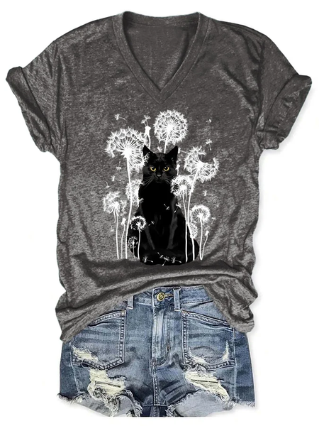

V-neck Retro Cat & Dandelion Print T-Shirt, Deep gray, T-shirts