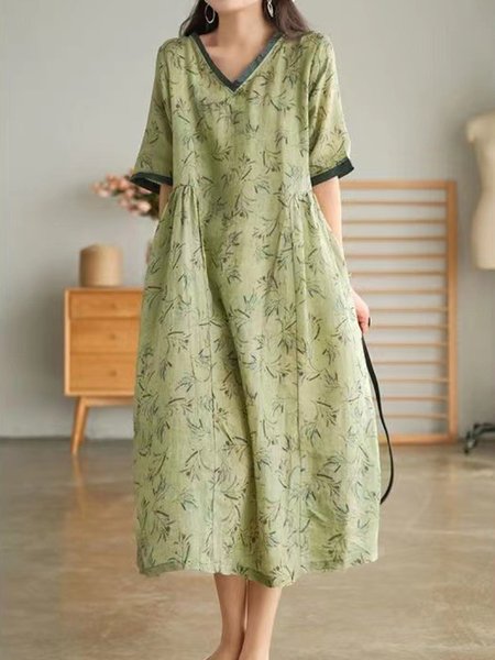 

Women Floral V Neck Short Sleeve Comfy Casual Midi Dress, Green, Maxi