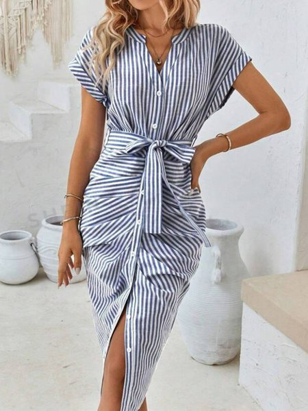

Striped Buttoned Elegant Dress, Blue, Dresses