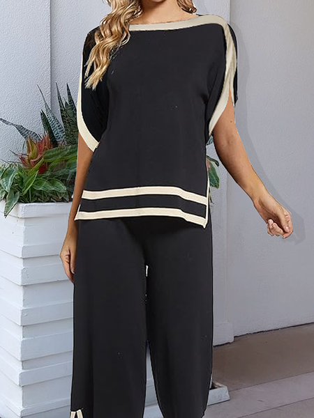 

Boat Neck Color Block Short Sleeve Casual Loose Sweater, Black, Pullovers