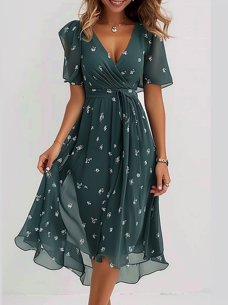 

Floral Chiffon Elegant Dress With Belt, Green, Dresses