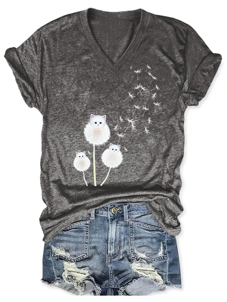 

V-neck Retro Cat & Dandelion Print T-Shirt, Deep gray, T-shirts