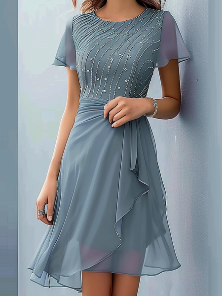 

Crew Neck Chiffon Elegant Hot Drilling Dress With No, Grey-blue, Dresses