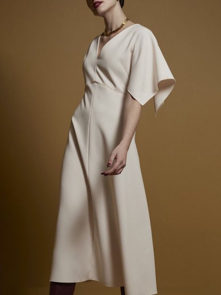 

Midi Plain Elegant V Neck Regular Fit Dress, White, Midi Dresses