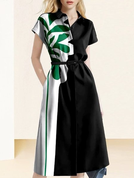 

Urban Floral Short Sleeve Shirt Collar Dress, Black, Midi Dresses