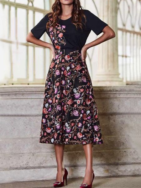 

Floral Casual Loose Crew Neck Dress, As picture, Maxi Dresses