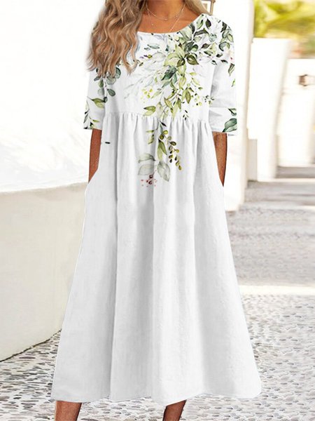 

Elegant Crew Neck Floral And Leaf Dress, White, Dresses