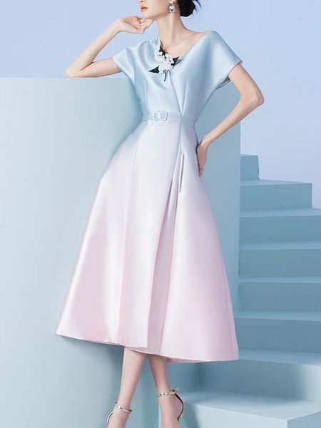 

Elegant Regular Fit Cross Neck Ombre Midi Dress, As picture, Midi Dresses
