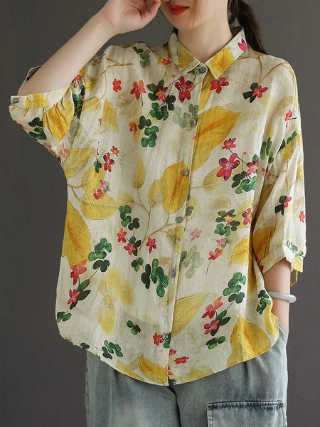 

Shirt Collar Raglan Sleeves Three Quarter Sleeve Floral Regular Loose Blouse For Women, Flower, Shirts