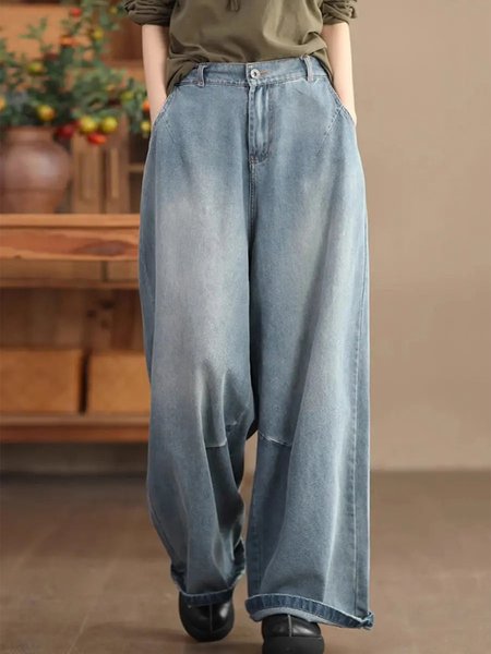 

Casual Elastic Band Denim Plain Jeans Wide leg pants, Blue, Jeans