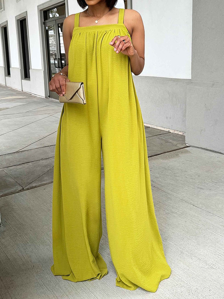 

Square Neck Sleeveless Plain Loose Vacation Jumpsuit, Yellow, Jumpsuits