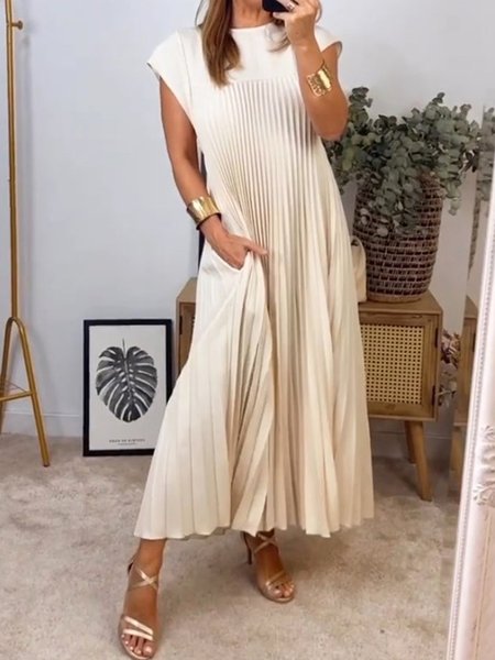 

Elegant Crew Neck Loose Plain Pleated Dress, Off white, Maxi Dresses