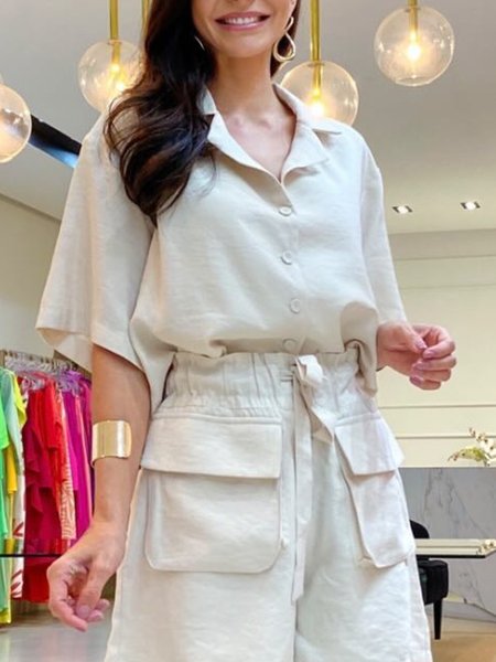 

Plain Casual Loose Shirt Collar Blouse, Beige, Blouses and Shirts
