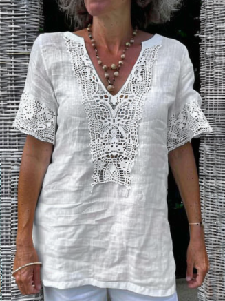 

V Neck Casual Loose Lace Edge Shirt, White, Shirts & Blouses