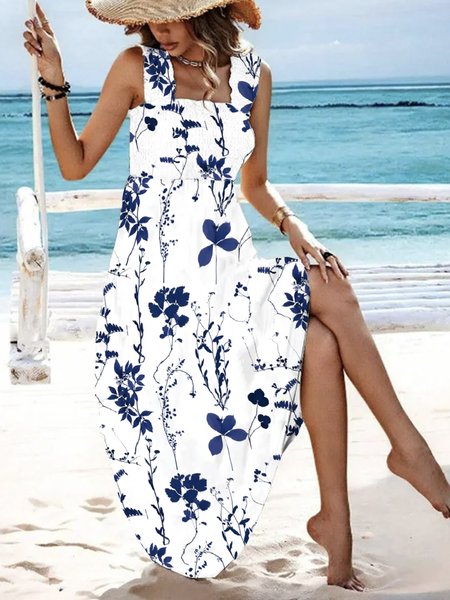 

Women's Sleeveless Summer Floral Scramble Dress Spaghetti Daily Going Out Casual Maxi A-Line Slip Dress, Blue, Dresses