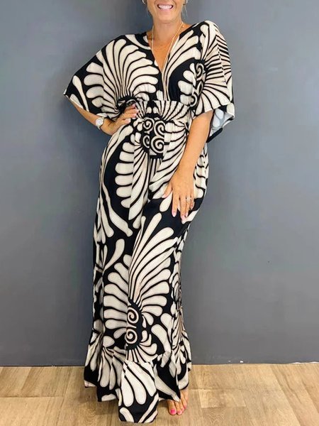 

Half Sleeve Casual V Neck Loose Jumpsuit, Black-white, Jumpsuits