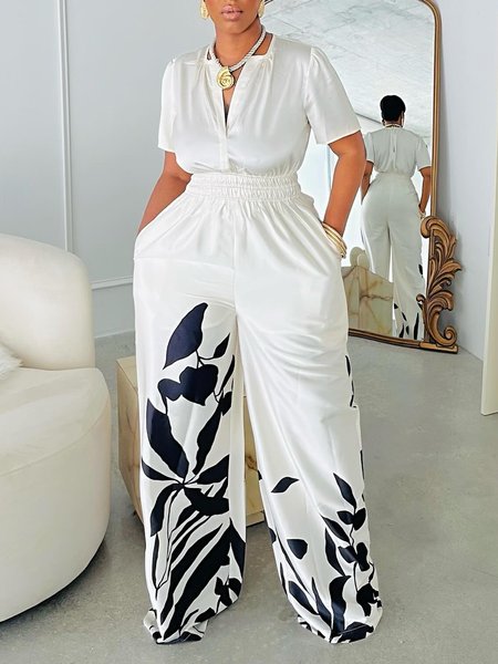 

Notched Regular Fit Plants Vacation Jumpsuit, Black-white, Jumpsuits