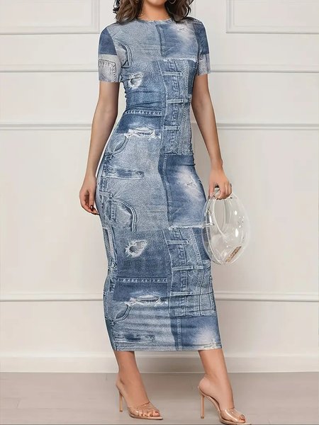 

Urban Crew Neck Regular Fit Abstract Short Sleeve Dress, Blue, Midi Dresses