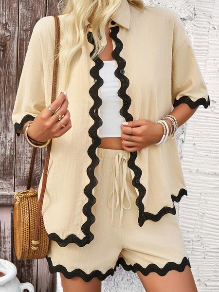 Women Plain Short Sleeve Comfy Casual Top With Pants Two-Piece Set, Apricot, Sets