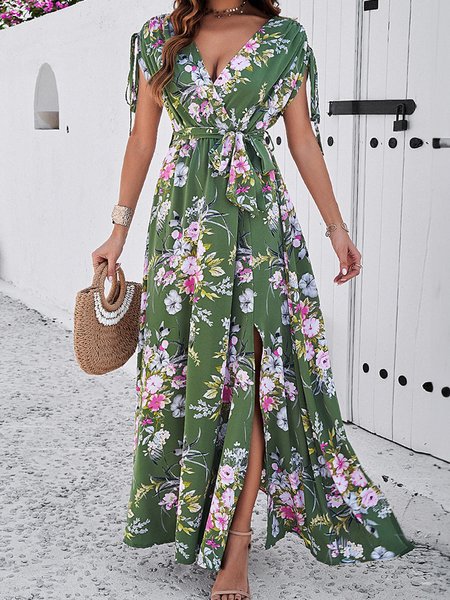 

Women Floral V Neck Short Sleeve Comfy Casual Maxi Dress, Green, Maxi