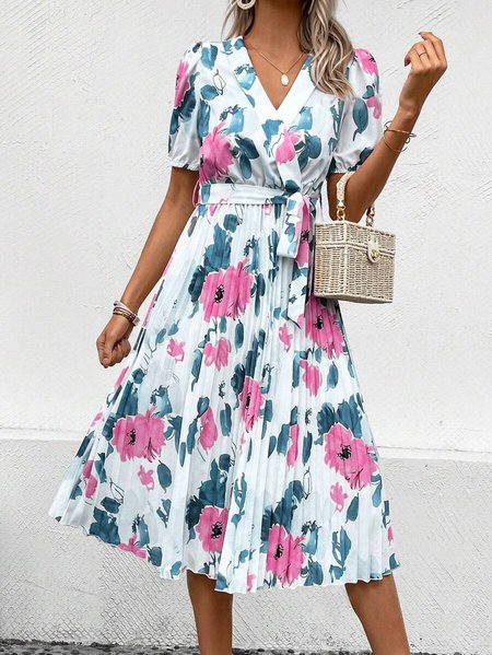 

Loose V Neck Elegant Floral Dress With Belt, White, Dresses