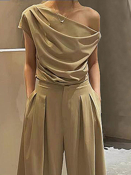 

Loose Asymmetrical Short Sleeve Urban Shirt, Khaki, Blouses and Shirts