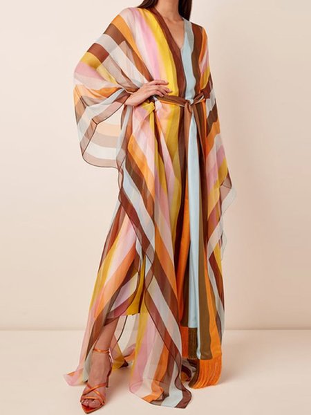 

Vacation V Neck Striped Dress With Belt, As picture, Maxi Dresses