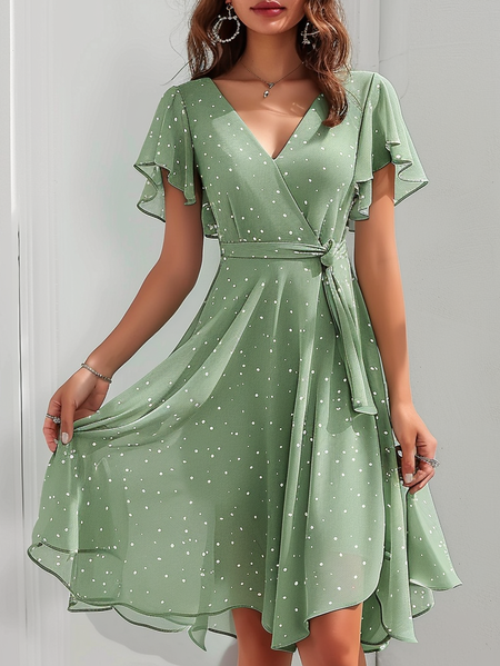 

Elegant Chiffon V Neck Dress With Belt, Green, Dresses