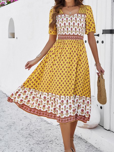 

Women Color Block Crew Neck Short Sleeve Comfy Casual Midi Dress, Yellow, Dresses