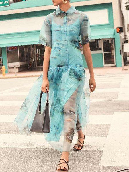 

Vacation Print Short Sleeve Loose Shirt Collar Dress, Blue, Maxi Dresses