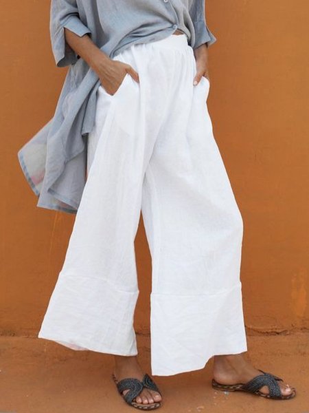 

Linen Loose Casual Fashion Wide leg Pants, White, Pants