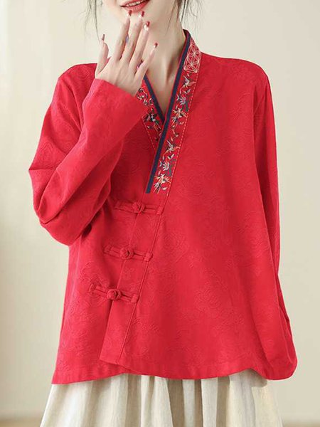 

V Neck Long Sleeve Plain Regular Loose Shirt For Women, Red, Blouses