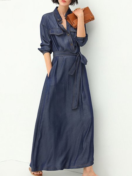 

Plain Casual Shirt Collar Faux Denim Dress With Belt, Blue, Maxi Dresses