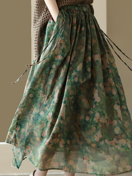 

Casual Floral A-Line Natural Maxi Skirt, Darkgreen, Skirts