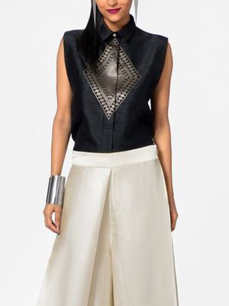 

Casual Geometric Shirt Collar Regular Fit Blouse, Black, Blouses and Shirts